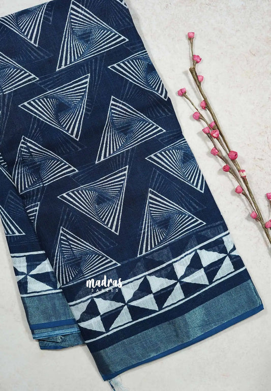 Indigo blue - Soft linen cotton with triangle prints Saree