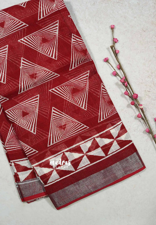 Dark Red - Soft linen cotton with triangle prints Saree