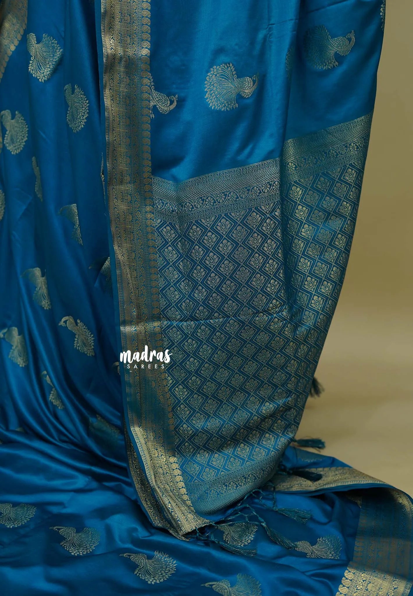 Teal Blue - Sri valli  satin silk Cotton Saree with peacock buttas and gold zari border