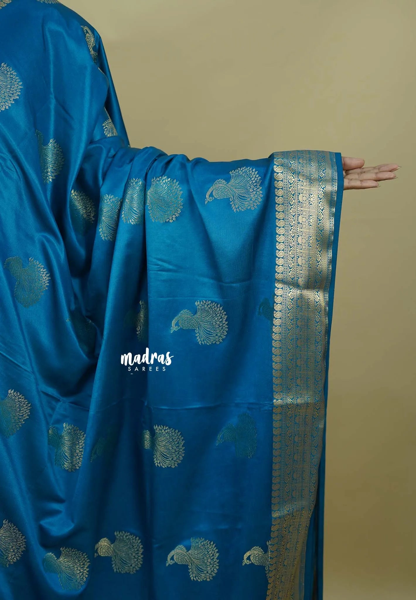 Teal Blue - Sri valli  satin silk Cotton Saree with peacock buttas and gold zari border