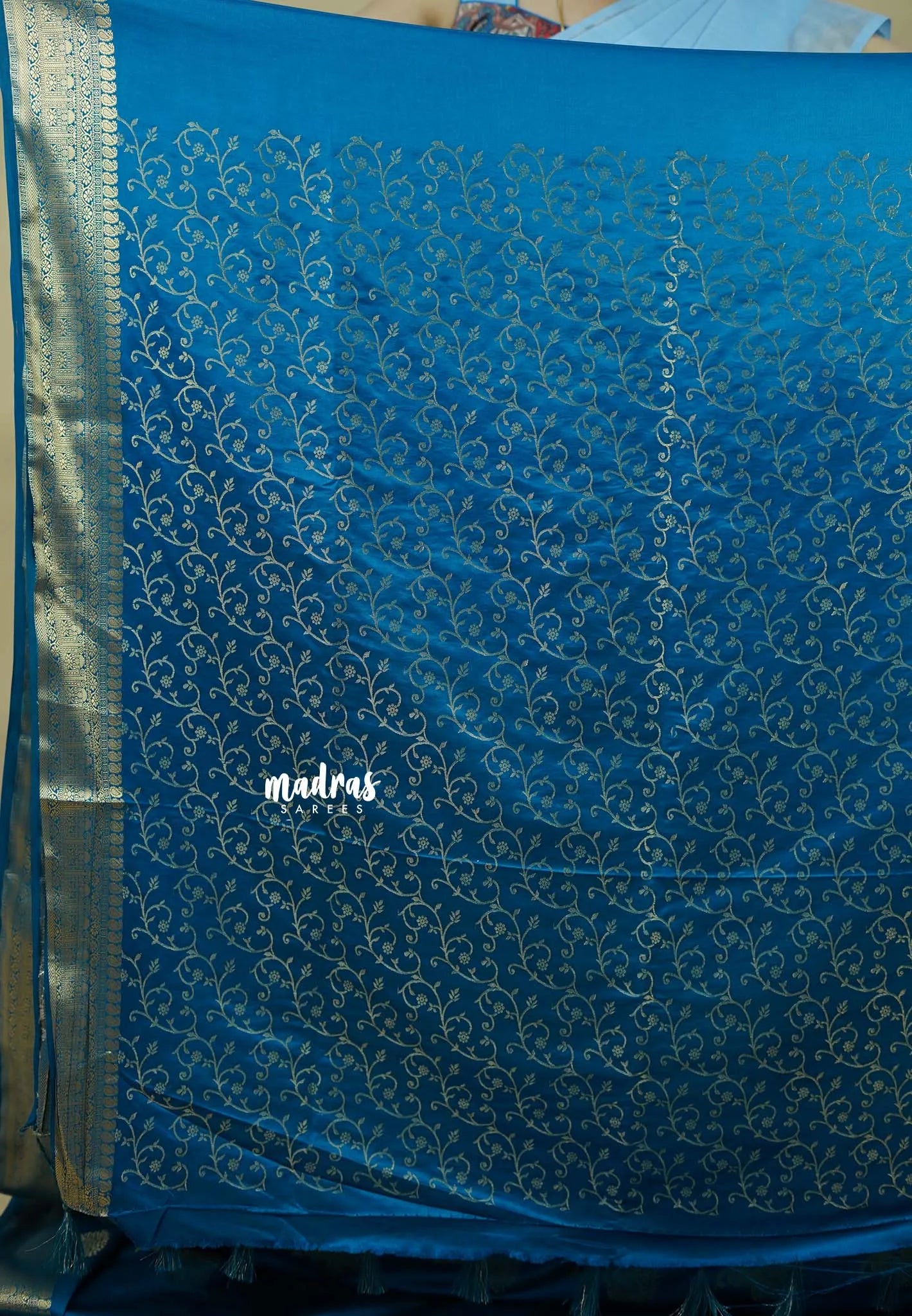 Teal Blue - Sri valli  satin silk Cotton Saree with peacock buttas and gold zari border