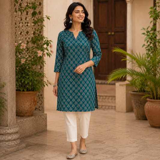 Teal Charm Cotton Kurti