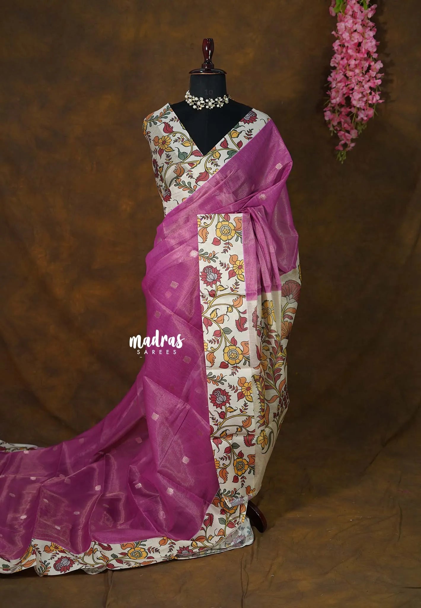 Golden Shade Magenta Pink - Thendral - Kanchi tissue silk cotton Saree with Floral Pallu - Best for Small Functions