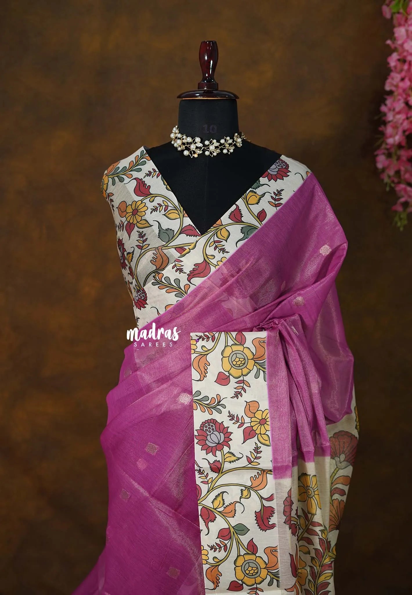 Golden Shade Magenta Pink - Thendral - Kanchi tissue silk cotton Saree with Floral Pallu - Best for Small Functions