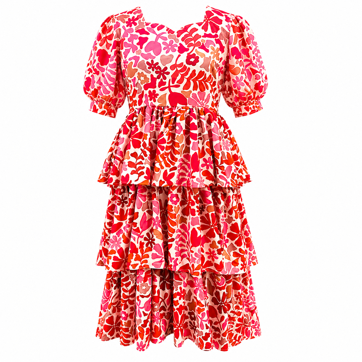 Coral Bloom Tiered Midi Dress