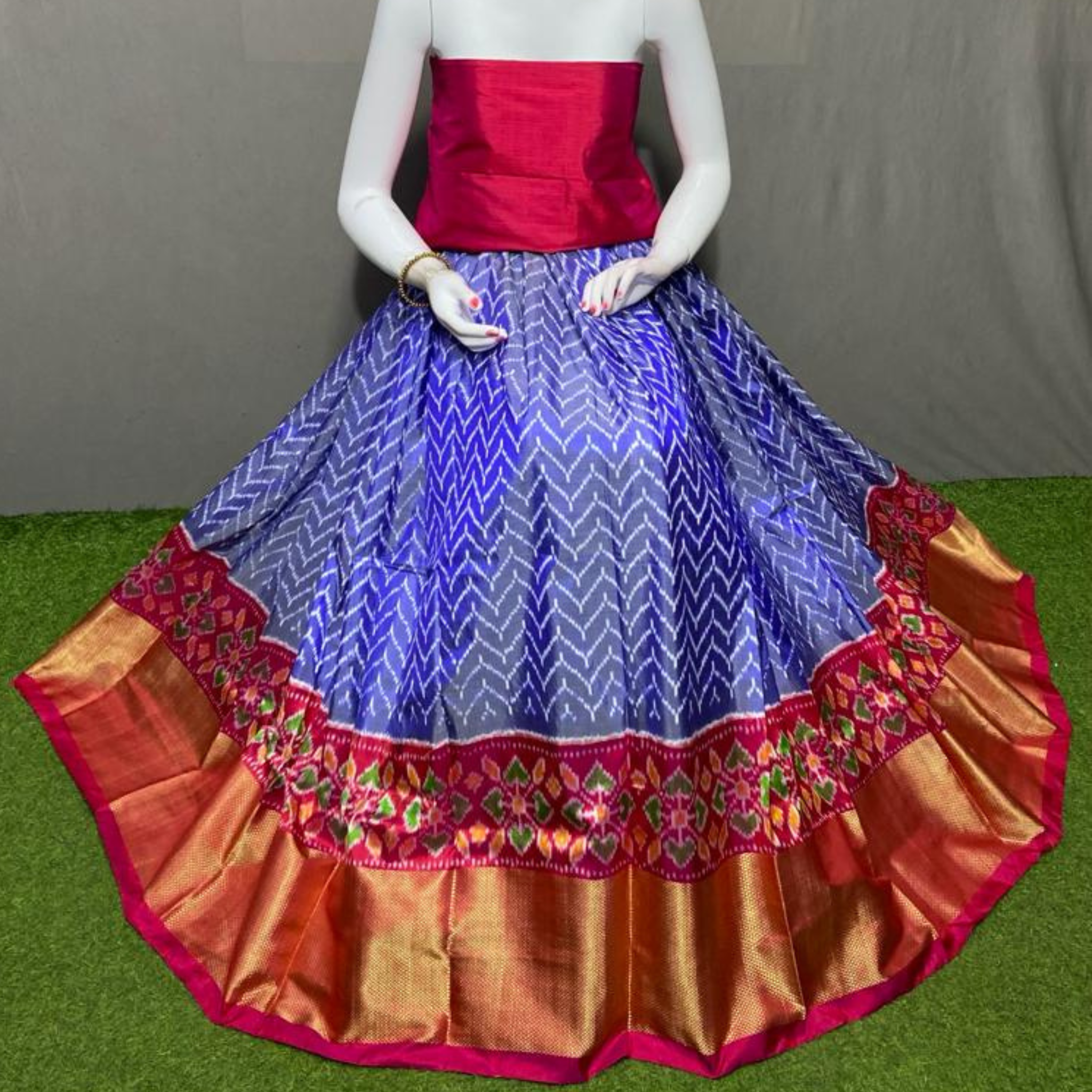 Pochampally Ikkat Silk Blue With Red Color Lehenga-Weavesarees.com –  weavesarees.com