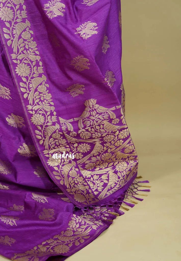 Lavender Purple - Vadhanam - Premium Jute tussar Saree with full birds weaving buttas and border