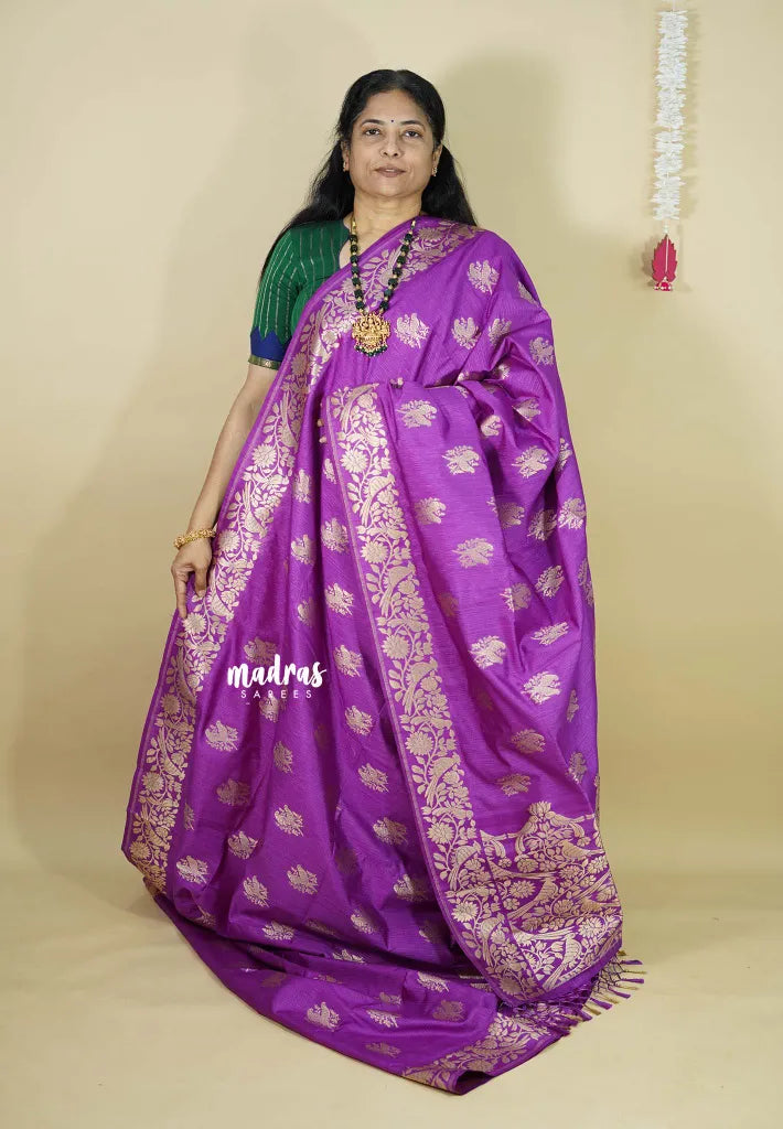 Lavender Purple - Vadhanam - Premium Jute tussar Saree with full birds weaving buttas and border