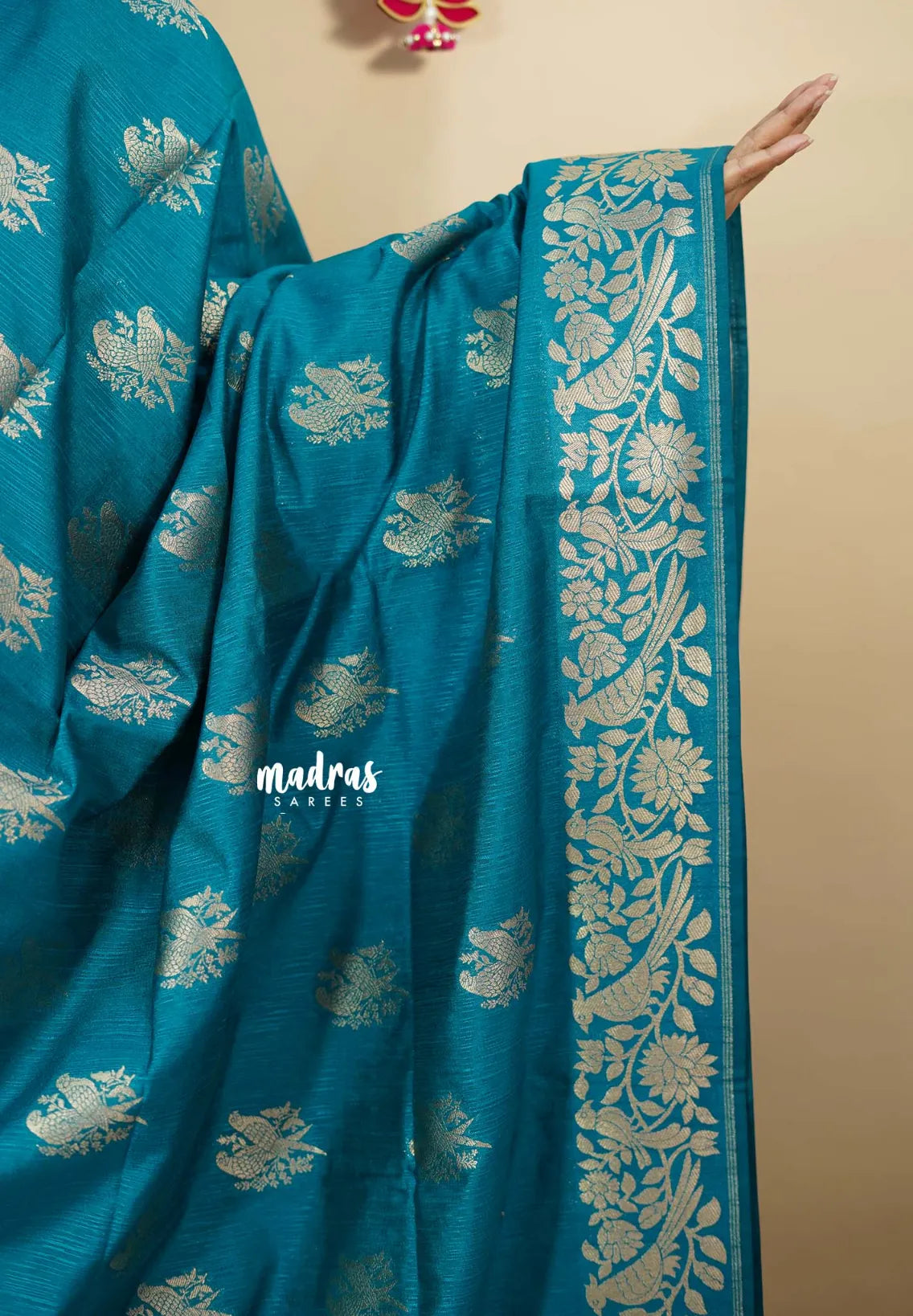 Teal Blue - Vadhanam - Premium Jute tussar Saree with full birds weaving buttas and border
