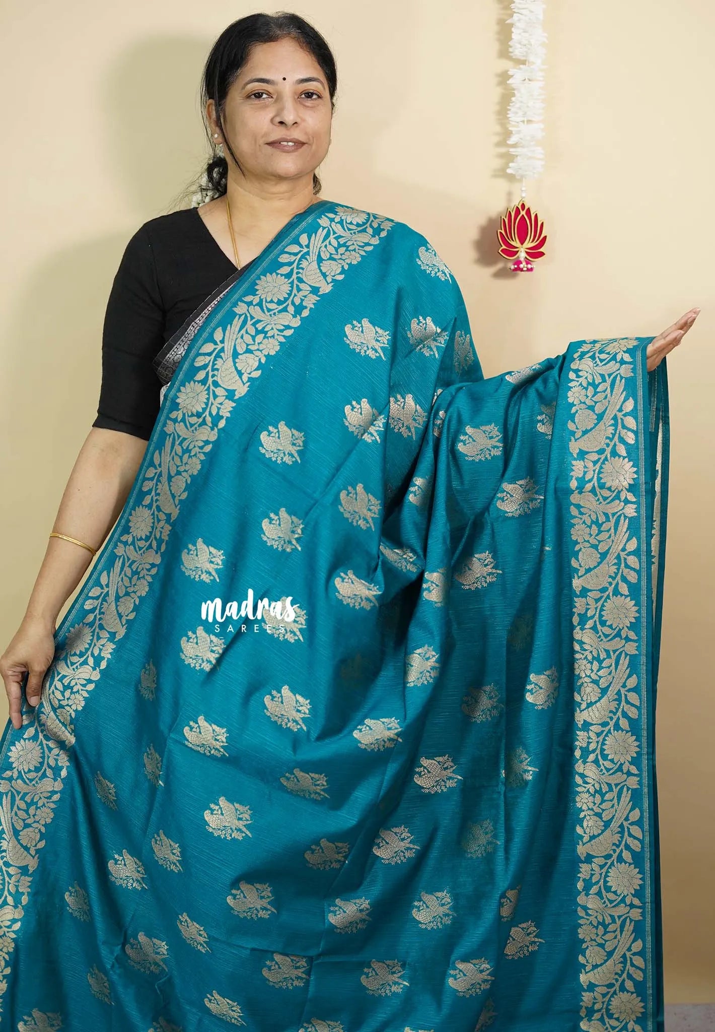 Teal Blue - Vadhanam - Premium Jute tussar Saree with full birds weaving buttas and border