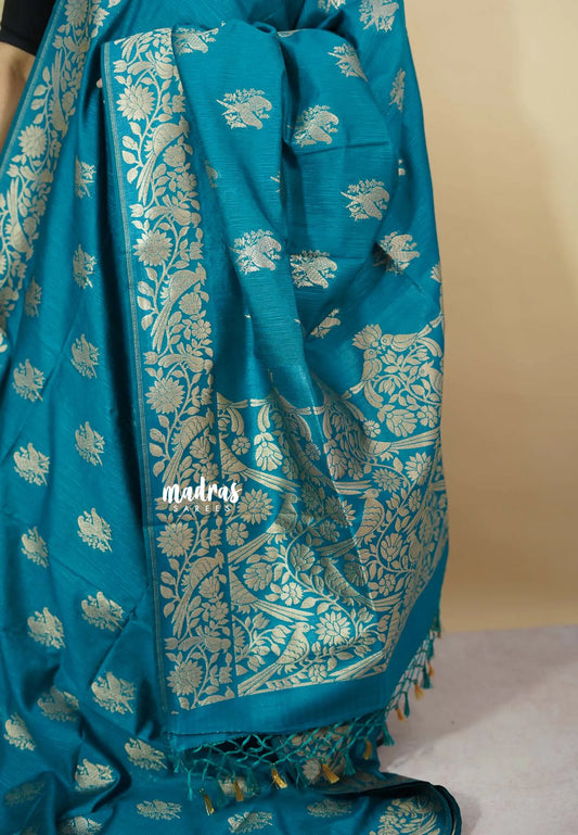 Teal Blue - Vadhanam - Premium Jute tussar Saree with full birds weaving buttas and border
