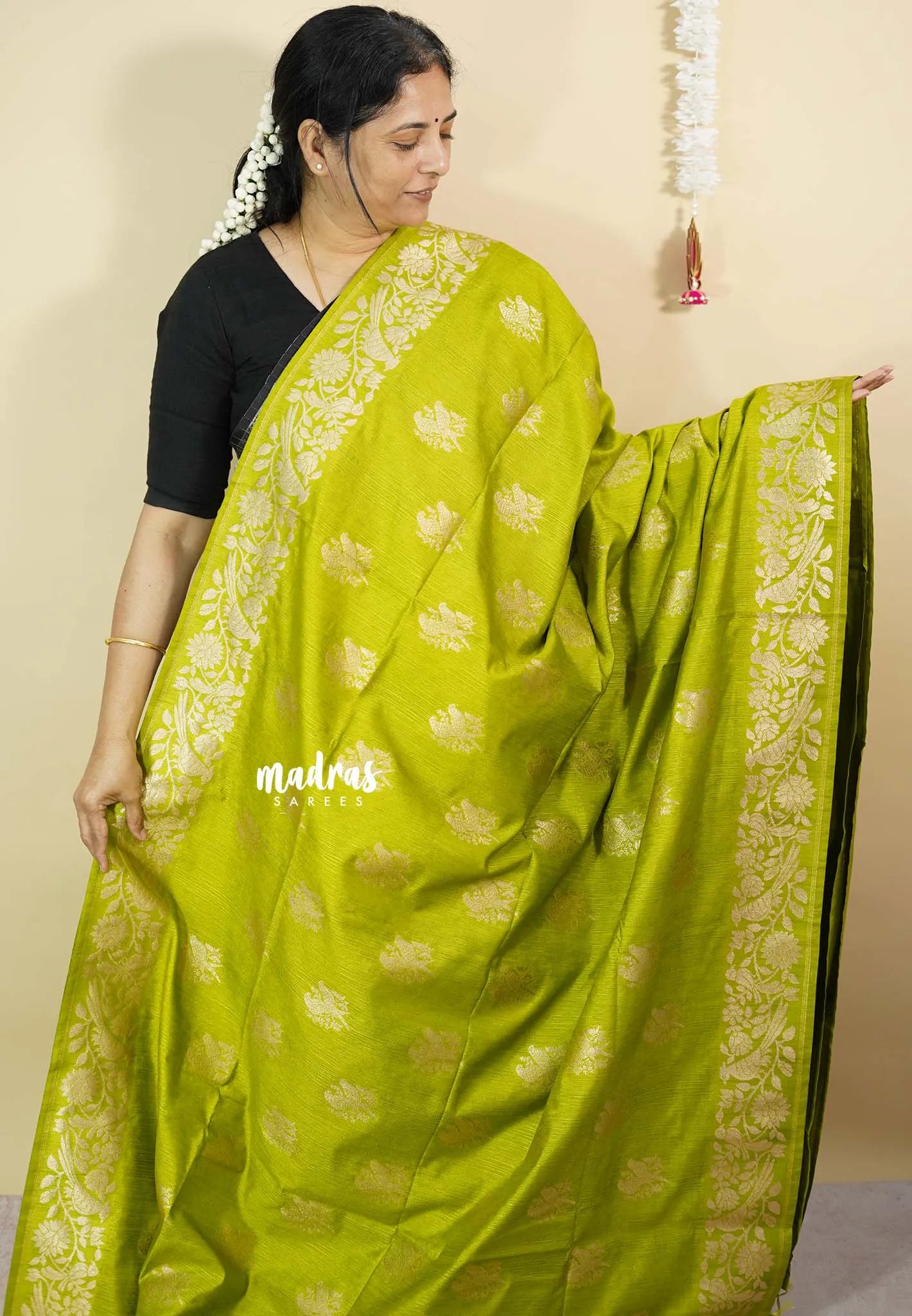 Neon Green - Vadhanam - Premium Jute tussar Saree with full birds weaving buttas and border