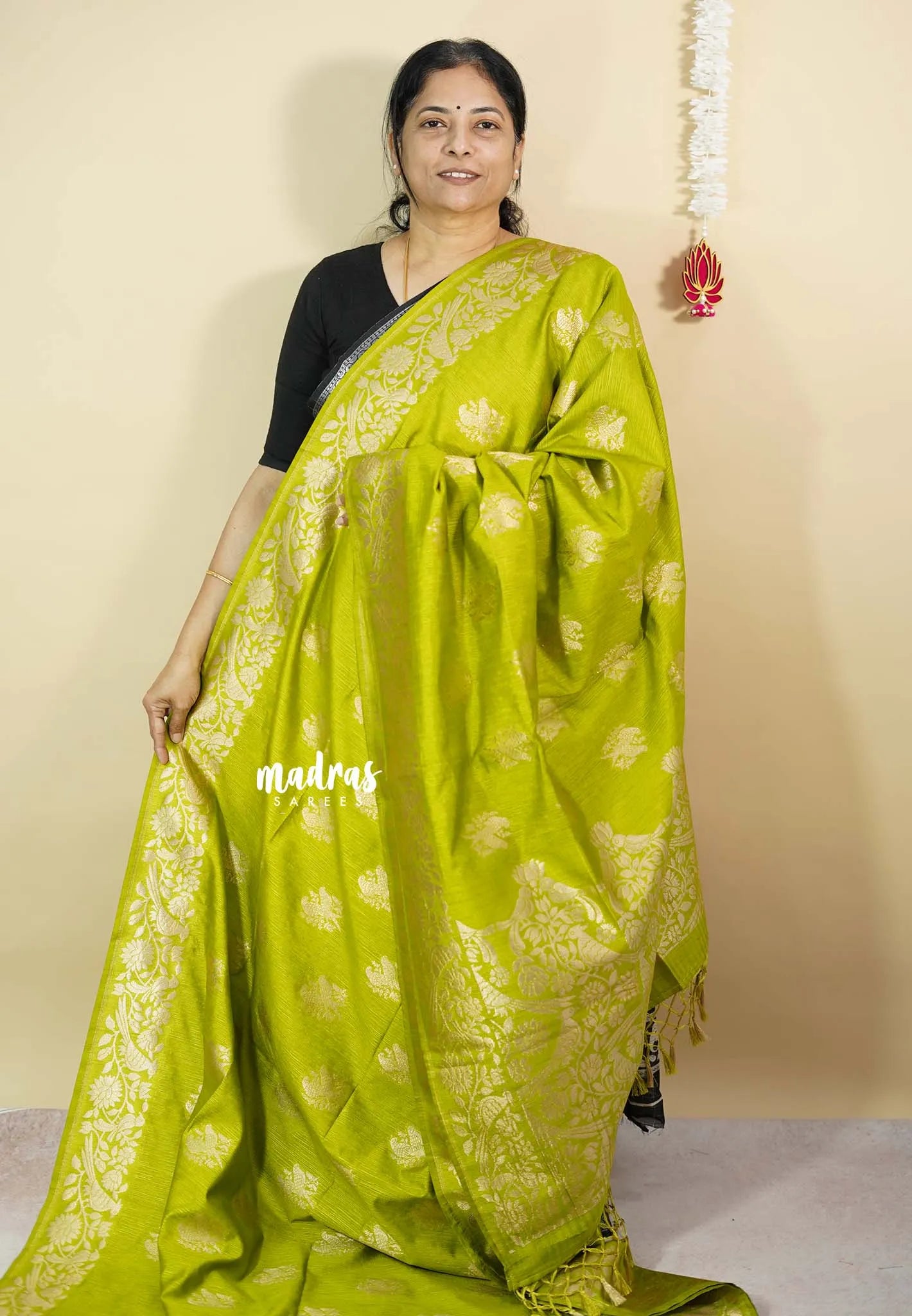 Neon Green - Vadhanam - Premium Jute tussar Saree with full birds weaving buttas and border