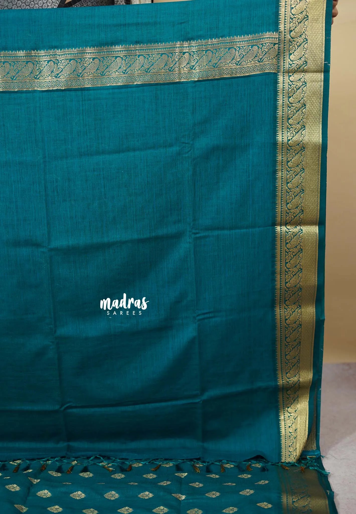 Teal Blue - Vadhanam - Premium Jute Tussar silkcotton Saree with buttas and gold zari border