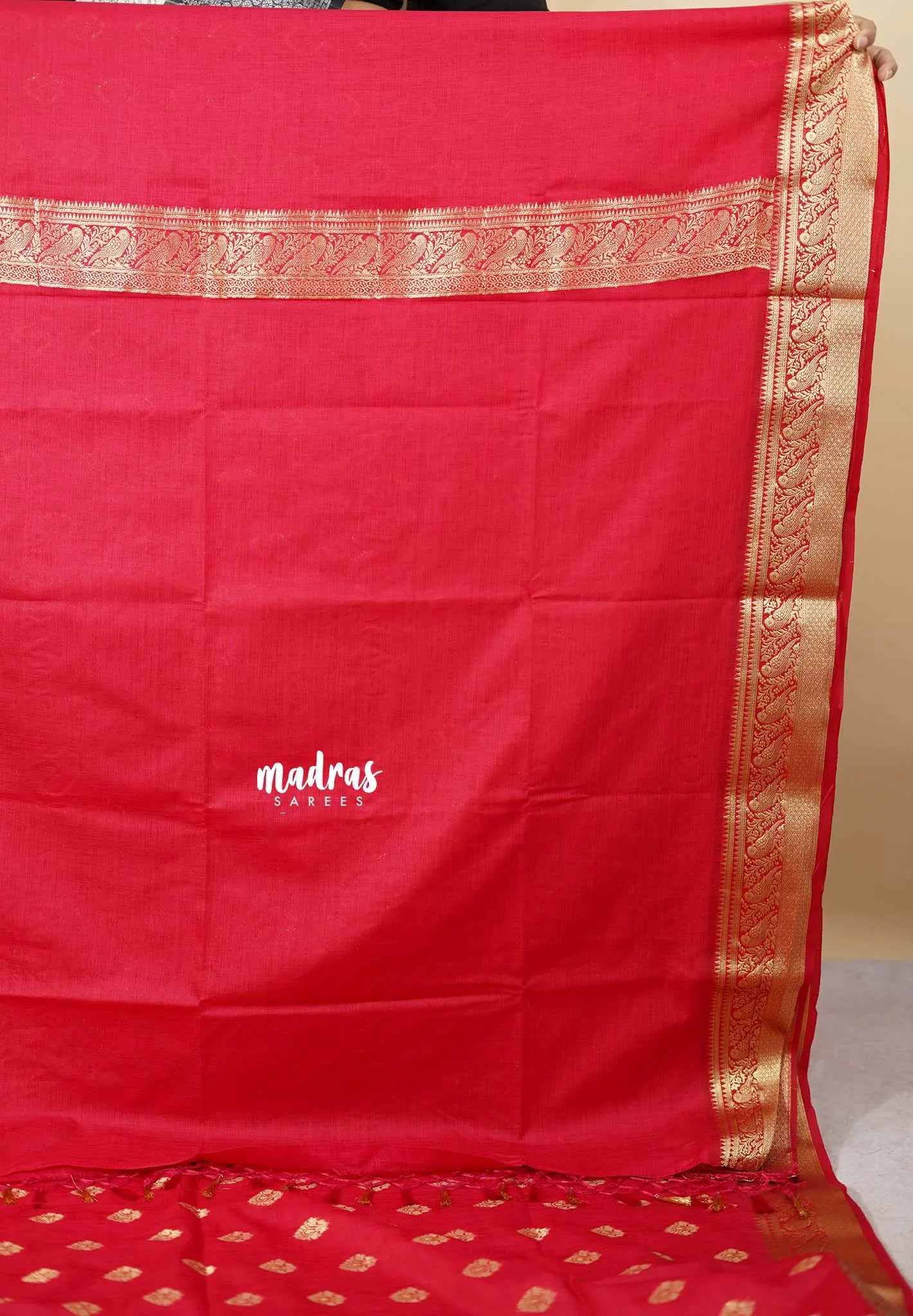 Reddish Pink - Vadhanam - Premium Jute Tussar silkcotton Saree with buttas and gold zari border
