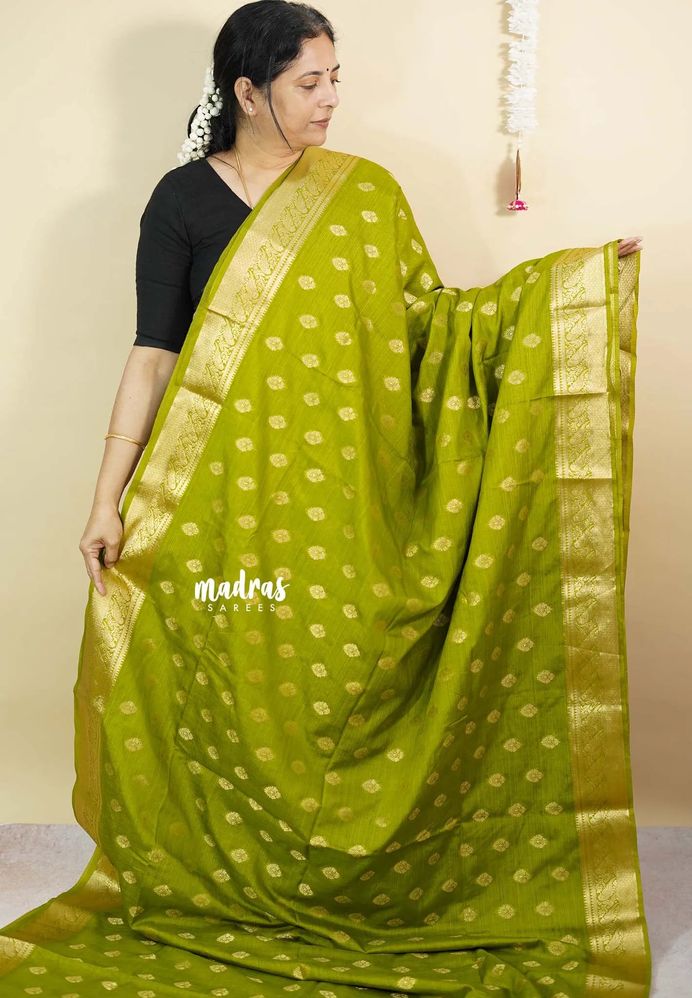 Sap Green - Vadhanam - Premium Jute Tussar silkcotton Saree with buttas and gold zari border