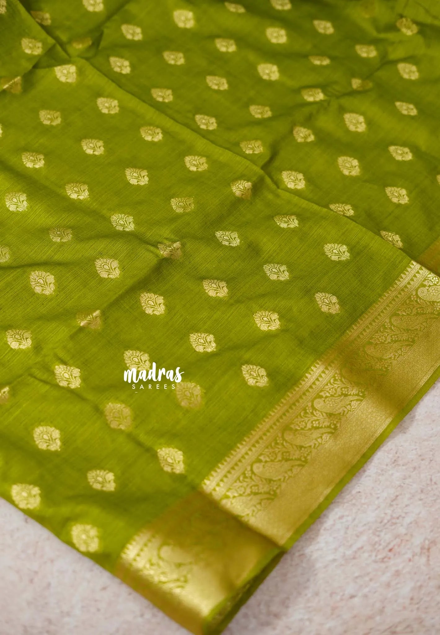 Sap Green - Vadhanam - Premium Jute Tussar silkcotton Saree with buttas and gold zari border