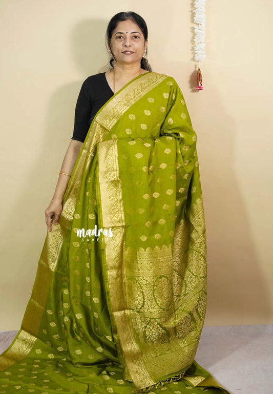 Sap Green - Vadhanam - Premium Jute Tussar silkcotton Saree with buttas and gold zari border