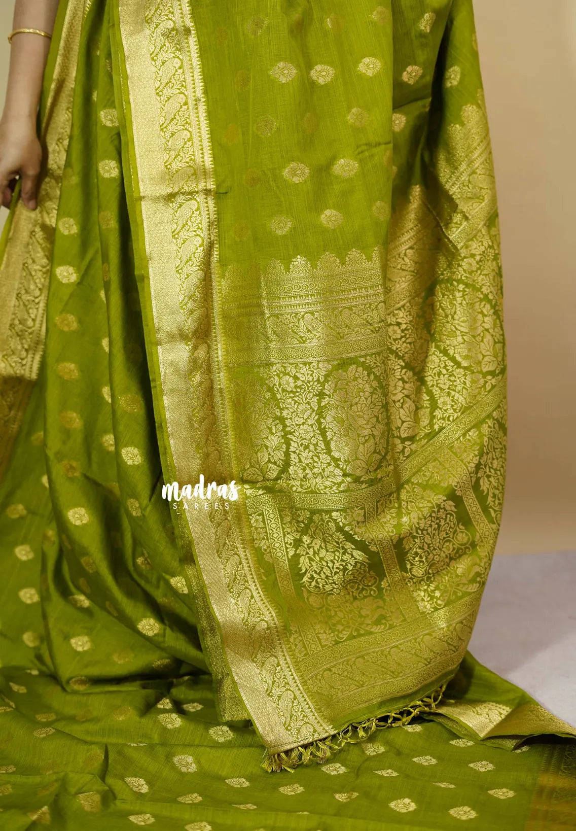 Sap Green - Vadhanam - Premium Jute Tussar silkcotton Saree with buttas and gold zari border