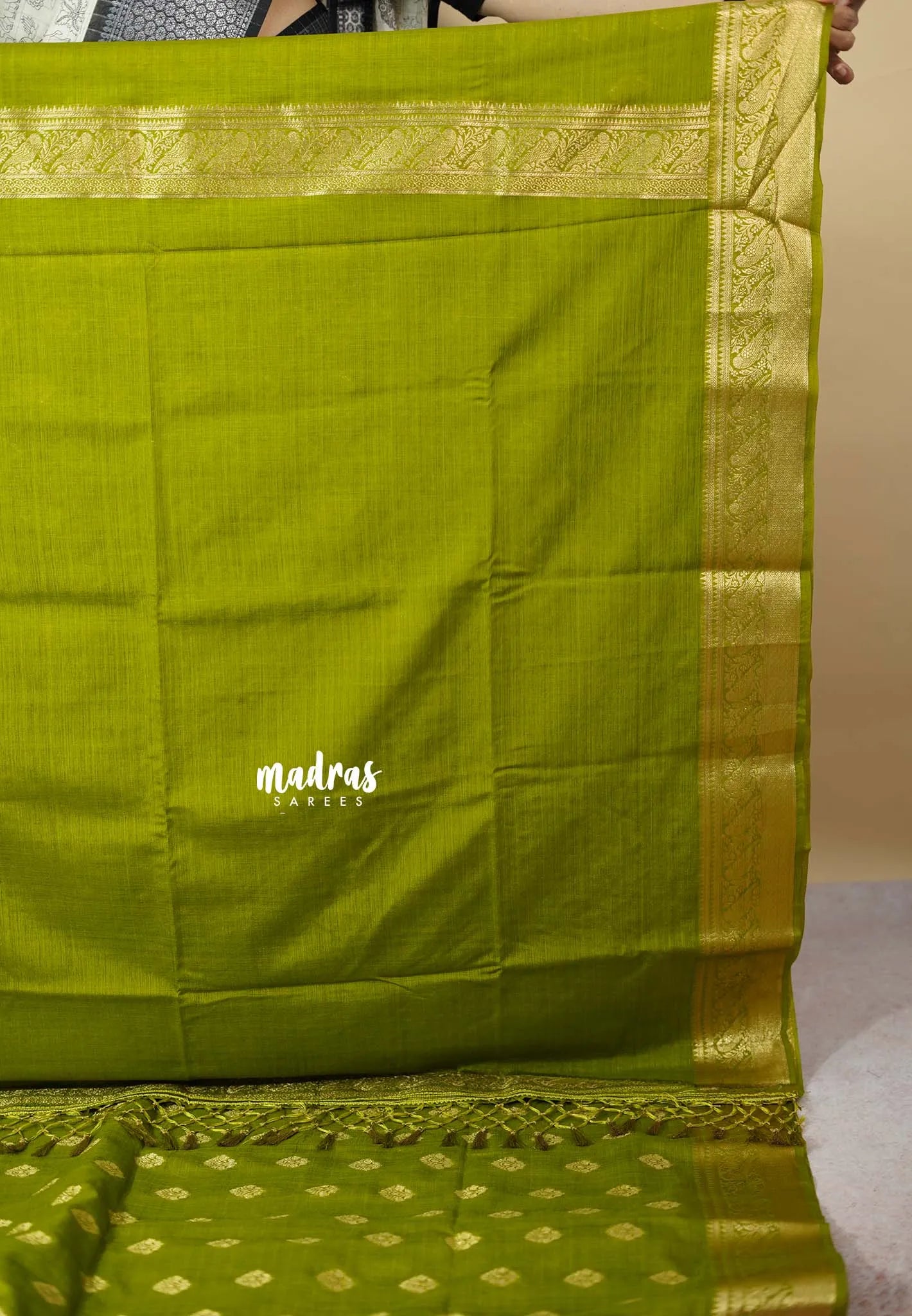 Sap Green - Vadhanam - Premium Jute Tussar silkcotton Saree with buttas and gold zari border