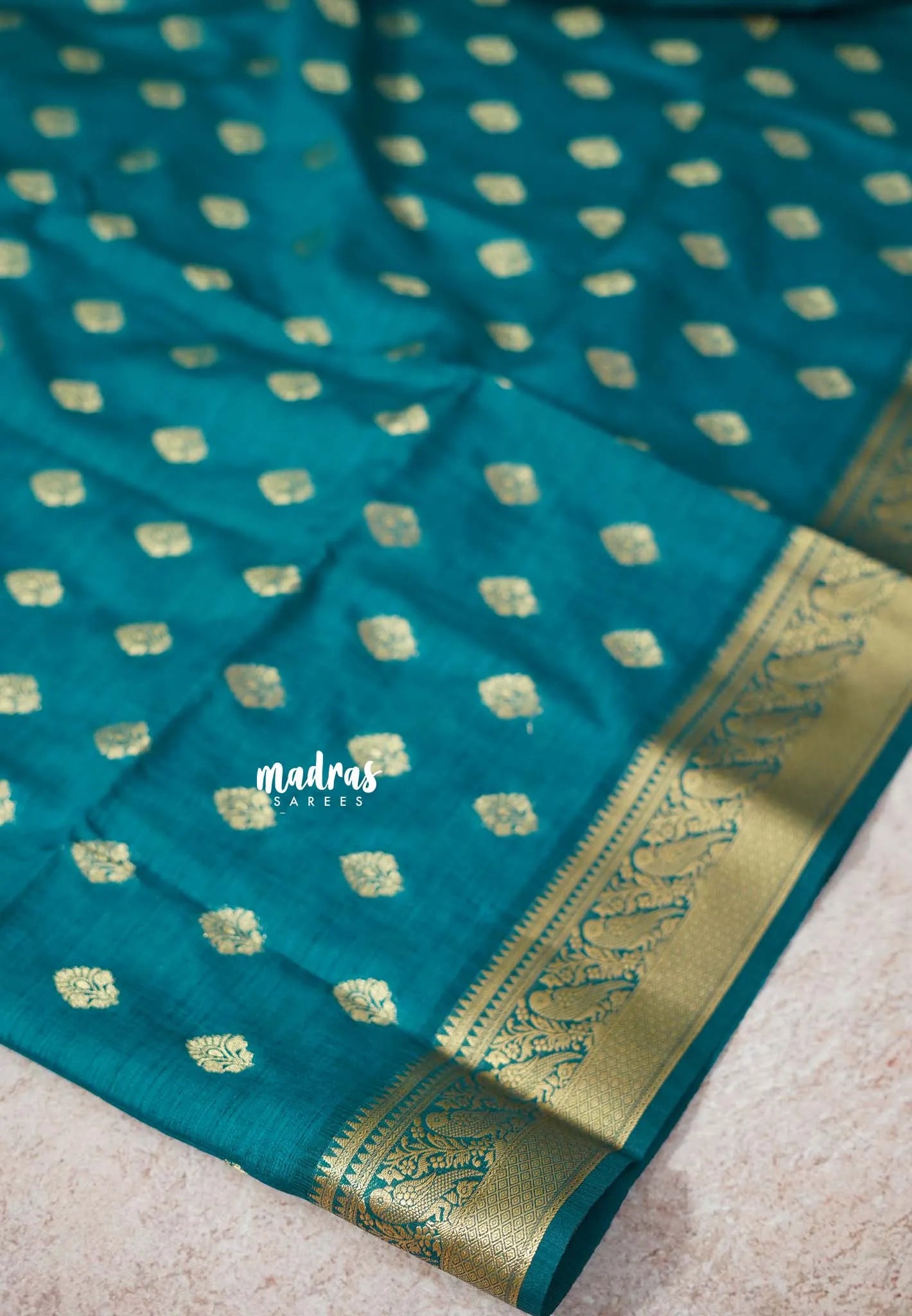 Teal Blue - Vadhanam - Premium Jute Tussar silkcotton Saree with buttas and gold zari border