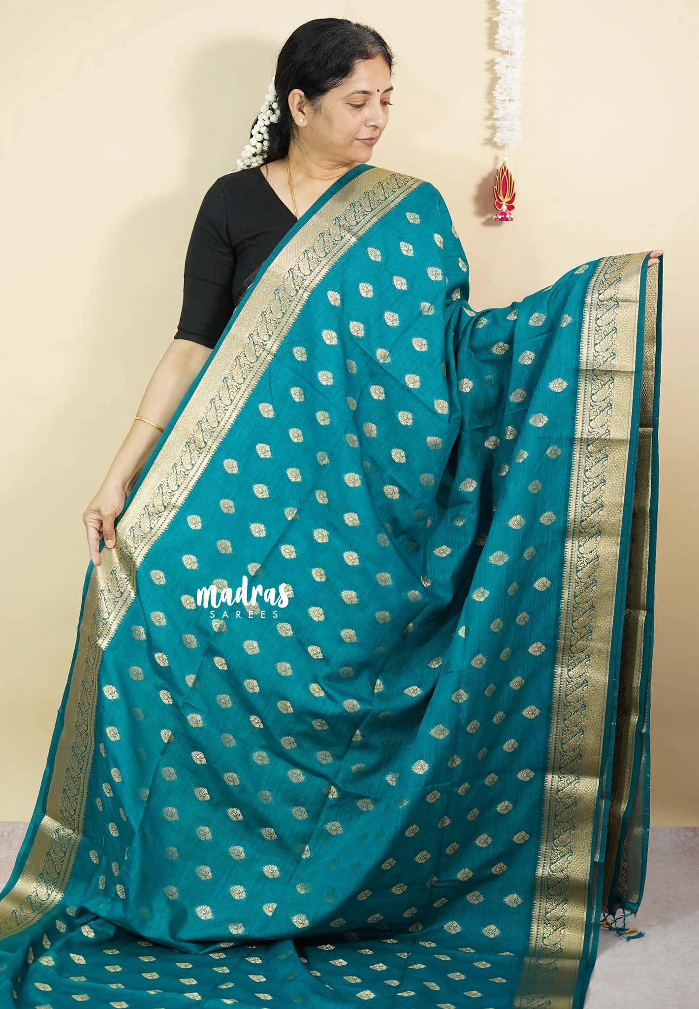 Teal Blue - Vadhanam - Premium Jute Tussar silkcotton Saree with buttas and gold zari border