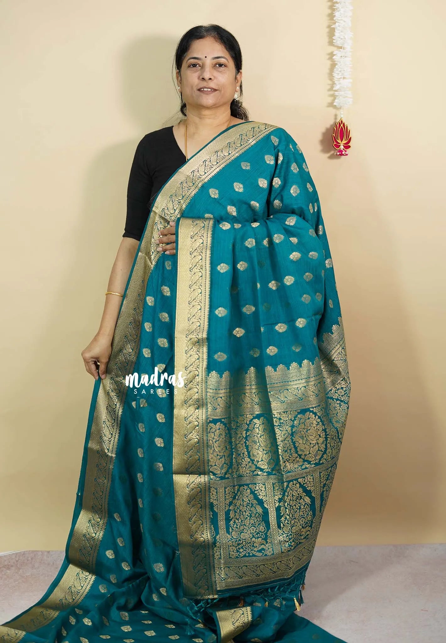 Teal Blue - Vadhanam - Premium Jute Tussar silkcotton Saree with buttas and gold zari border