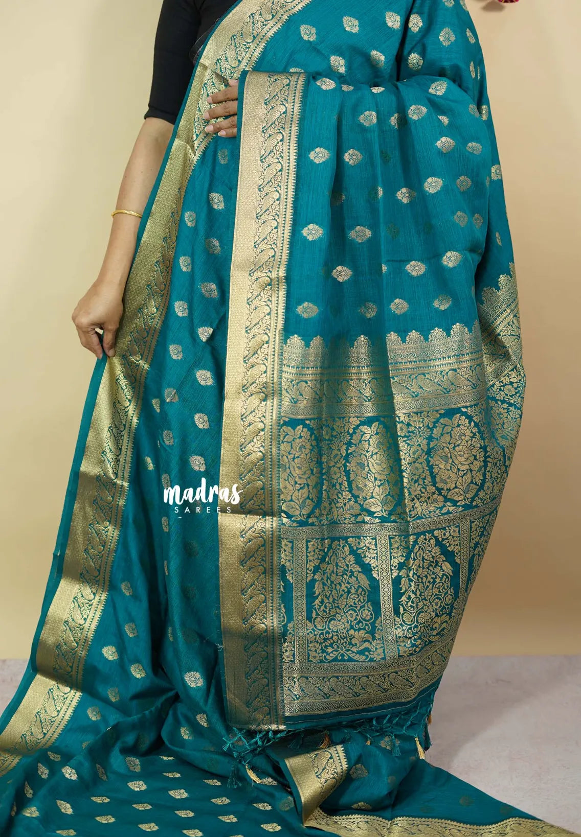 Teal Blue - Vadhanam - Premium Jute Tussar silkcotton Saree with buttas and gold zari border