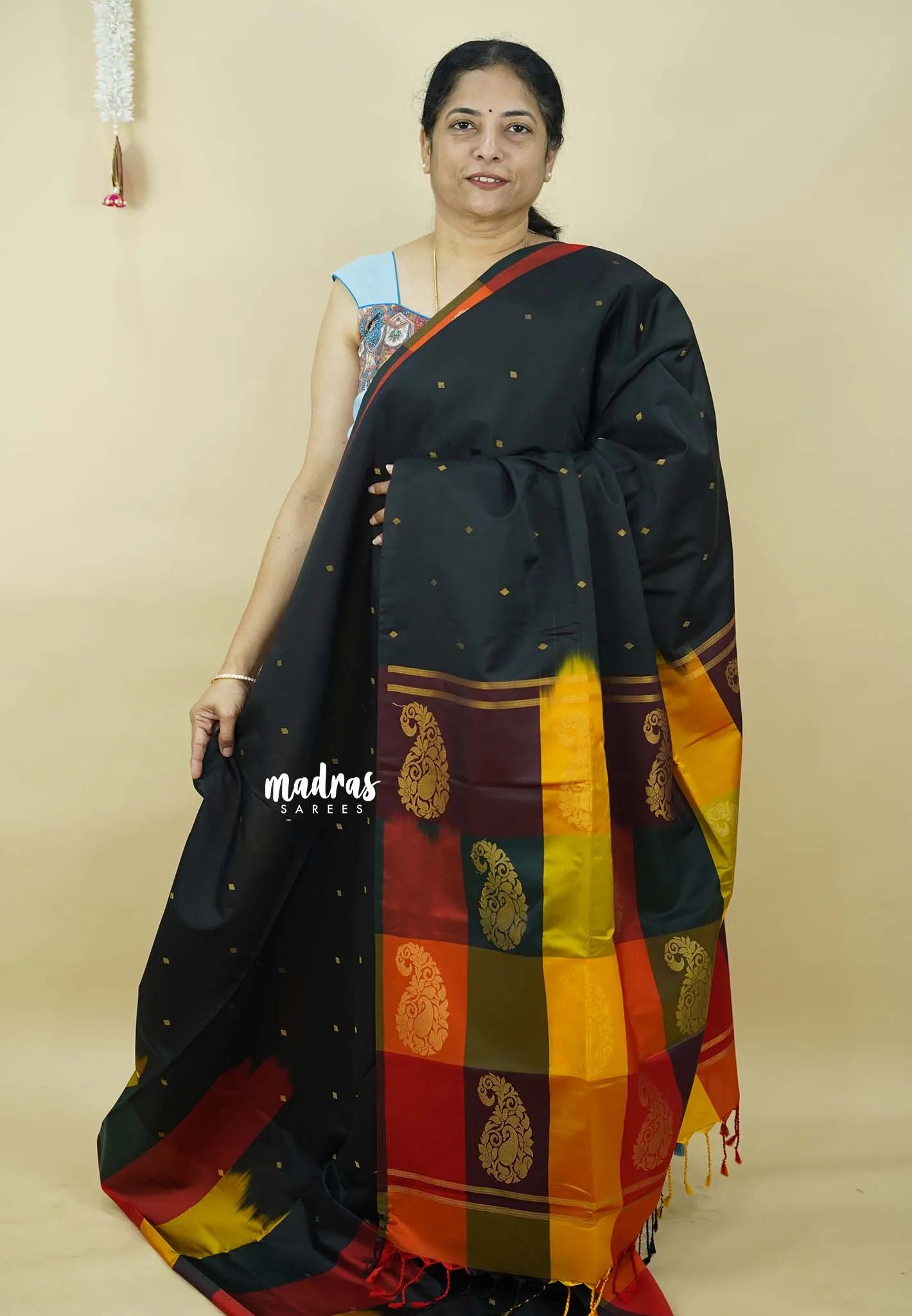 Ebony Black with Sunset Checks - Vedhavalli – Soft Silk Cotton Saree - Perfect for wedding