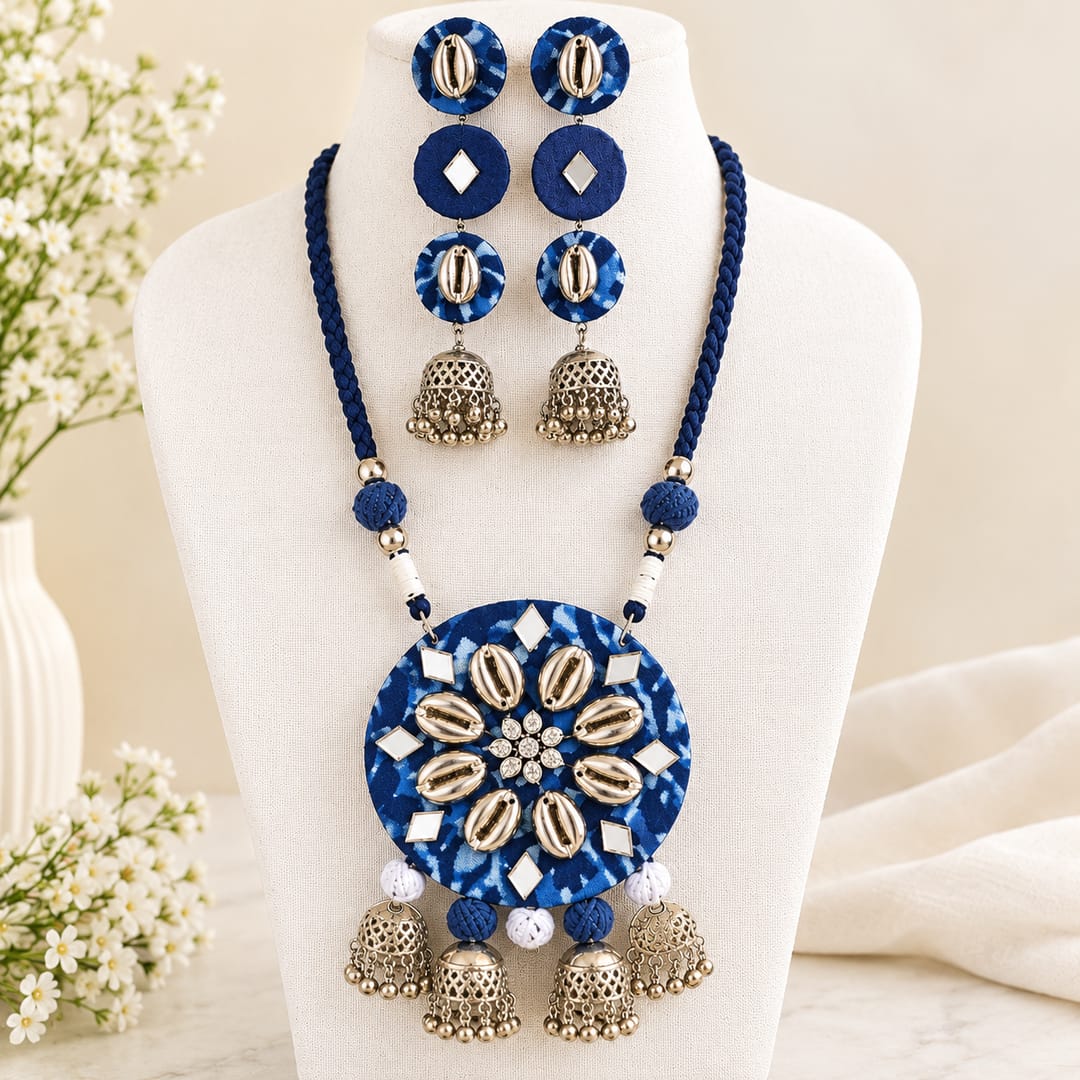 Midnight Blue Fabric Elegance-Handmade Jewellery Set