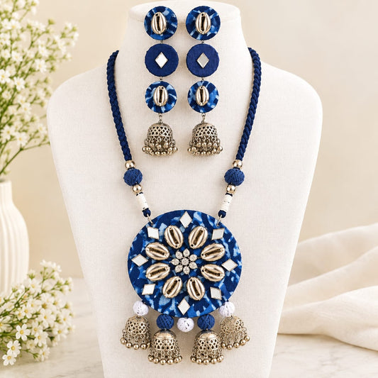Midnight Blue Fabric Elegance-Handmade Jewellery Set