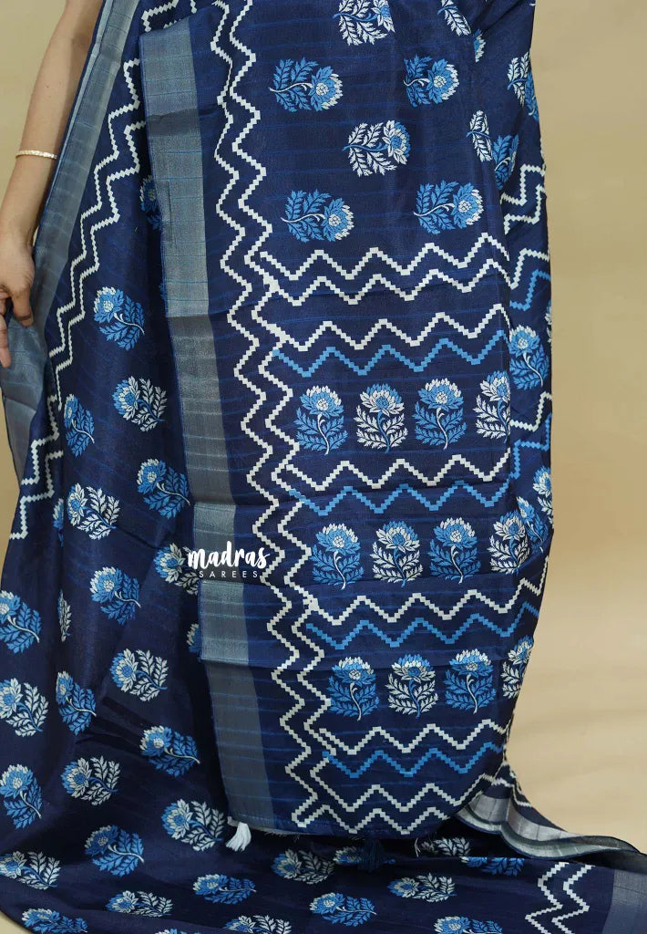 Indigo Blue - Zara Malgudi  printed silk Cotton Saree with Bagru Prints