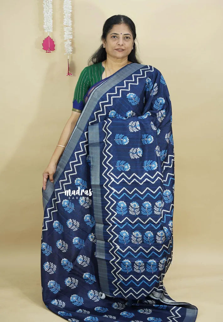 Indigo Blue - Zara Malgudi  printed silk Cotton Saree with Bagru Prints