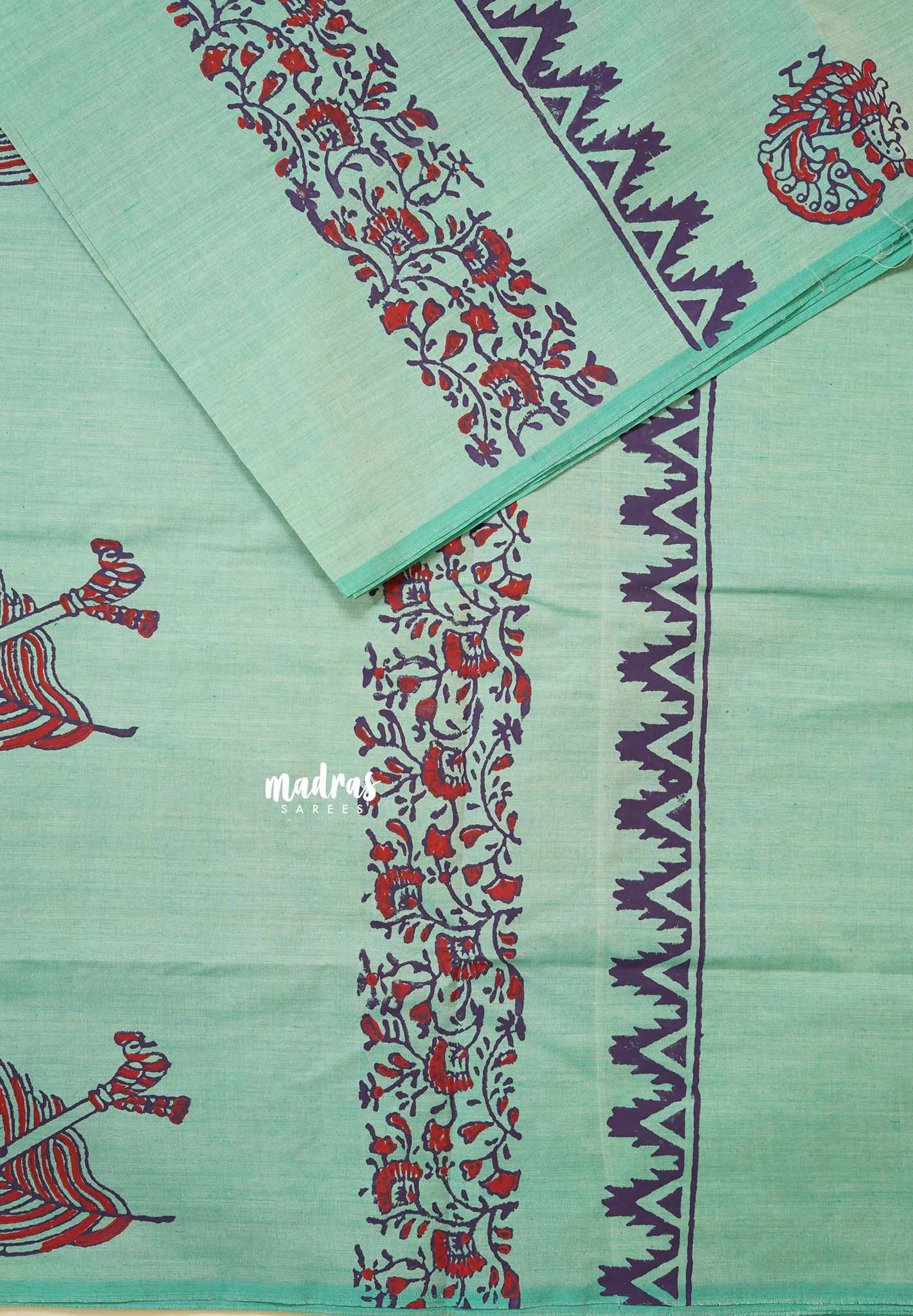 Mint Green - Ambigai polycotton Saree with contrast blouse combo