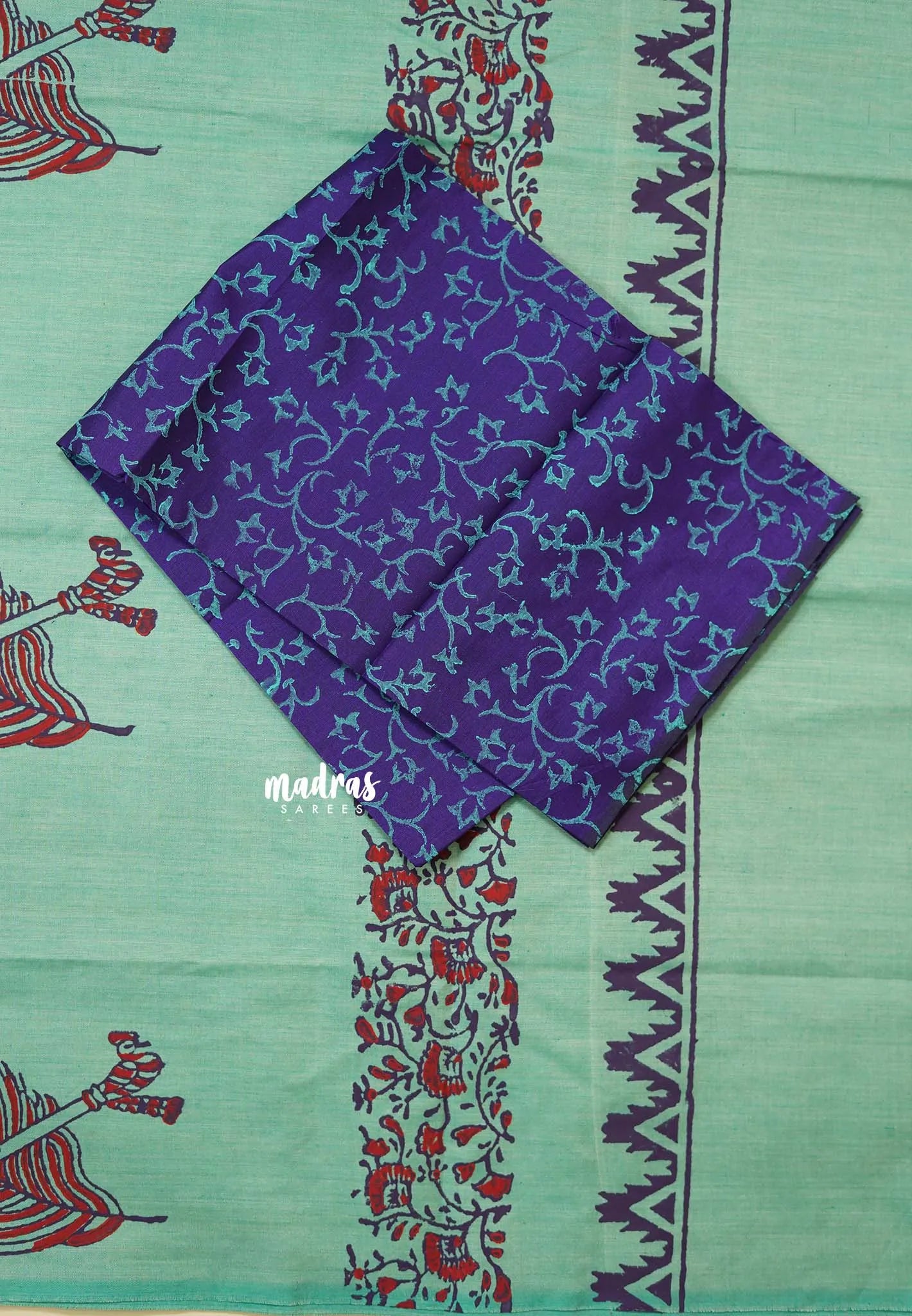 Mint Green - Ambigai polycotton Saree with contrast blouse combo
