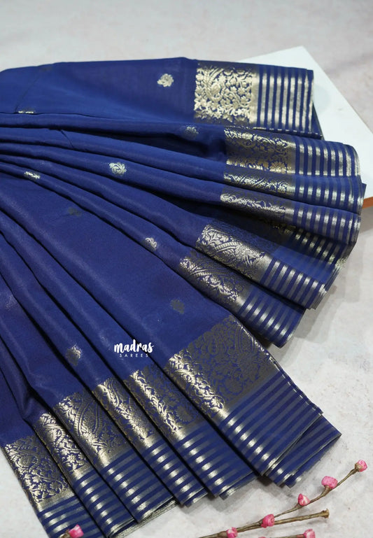 Deep Blue - Avantika - Semi Mysore silk Cotton butta Saree with zari border