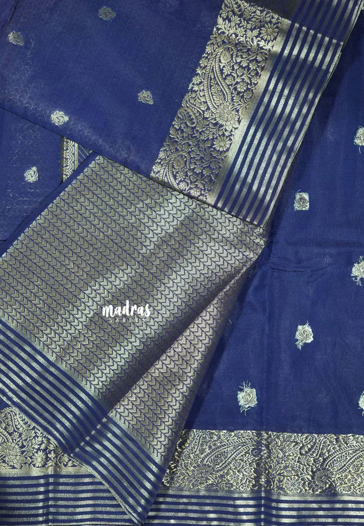 Deep Blue - Avantika - Semi Mysore silk Cotton butta Saree with zari border