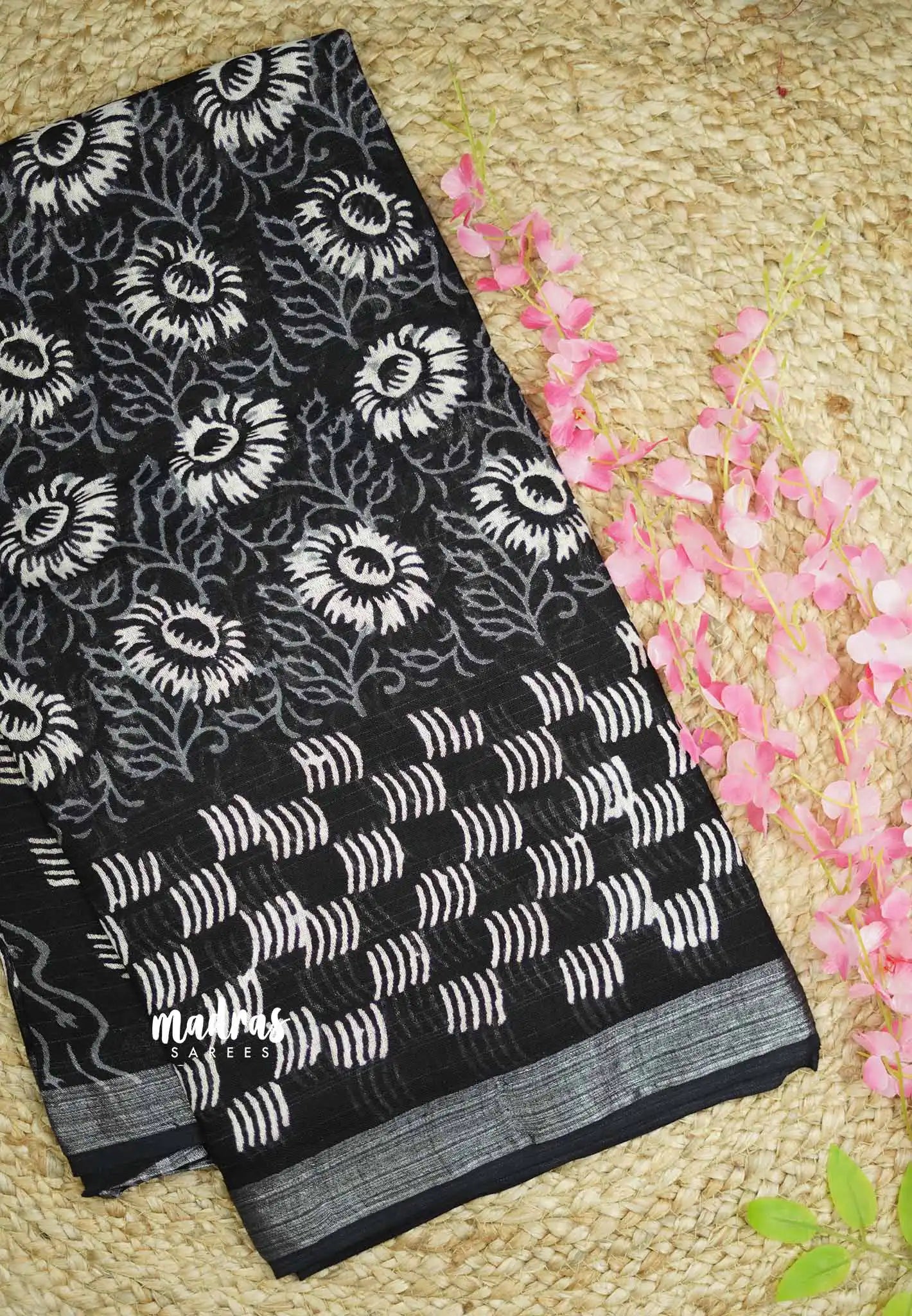 Blackberry - Soft linen cotton Saree hand block print silver tissue border - Design 2