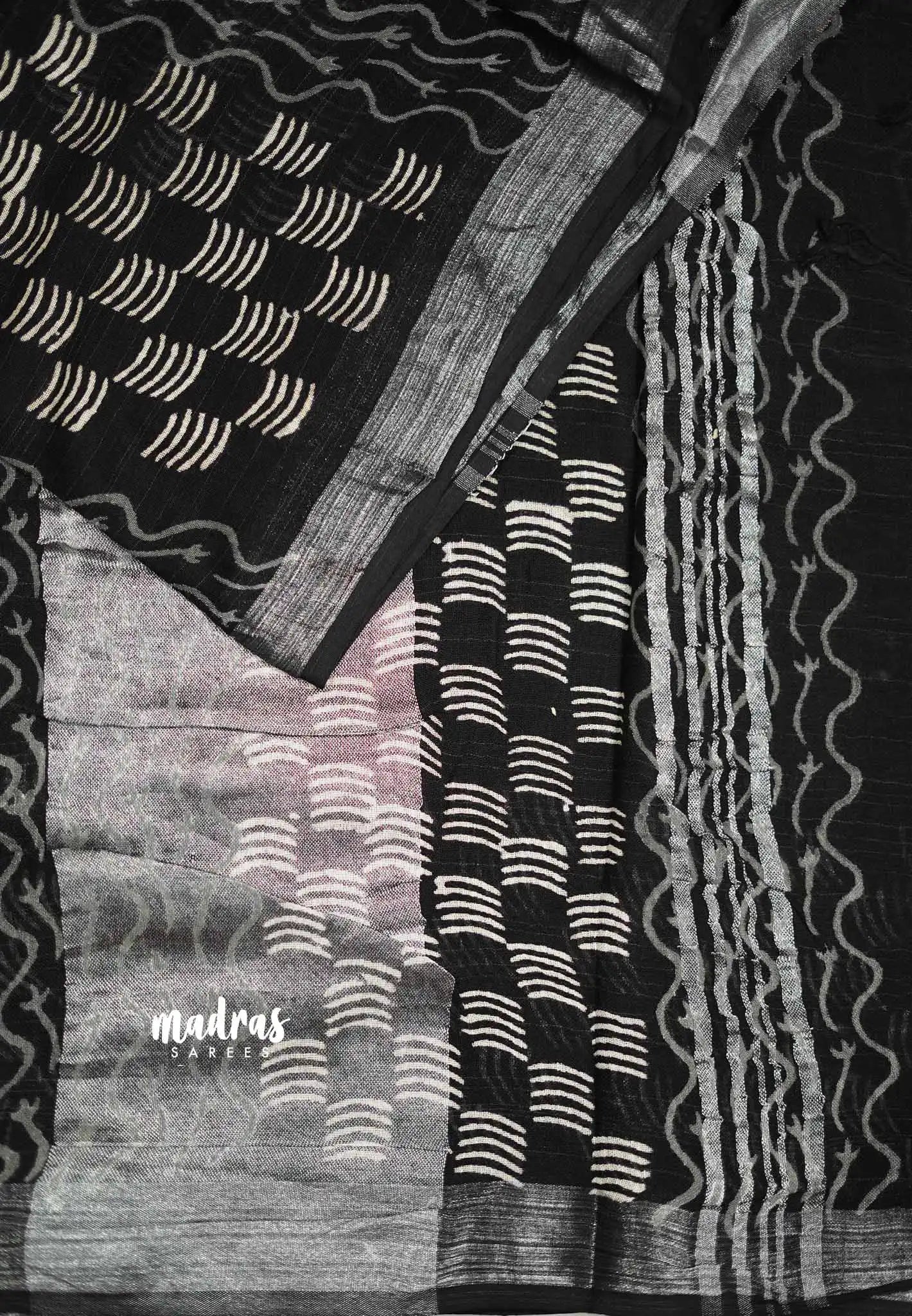 Blackberry - Soft linen cotton Saree hand block print silver tissue border - Design 2