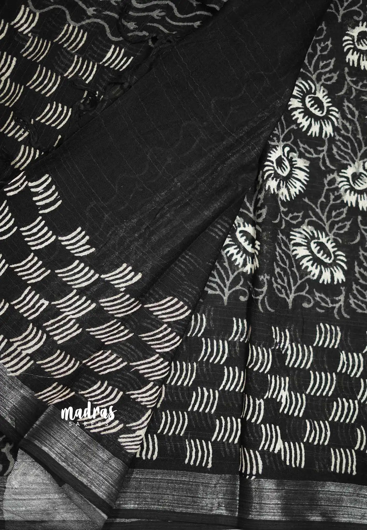 Blackberry - Soft linen cotton Saree hand block print silver tissue border - Design 2