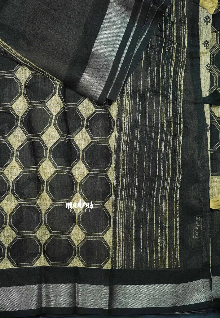 Blended linen cotton Saree chikku and black combo - Design 12