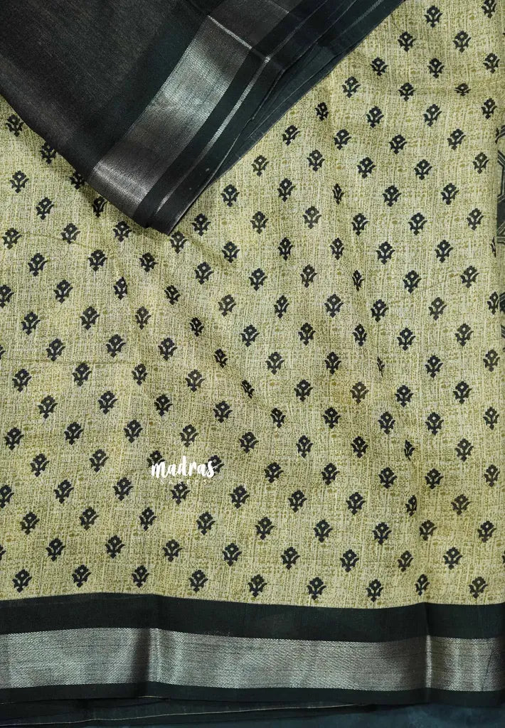 Blended linen cotton Saree chikku and black combo - Design 12