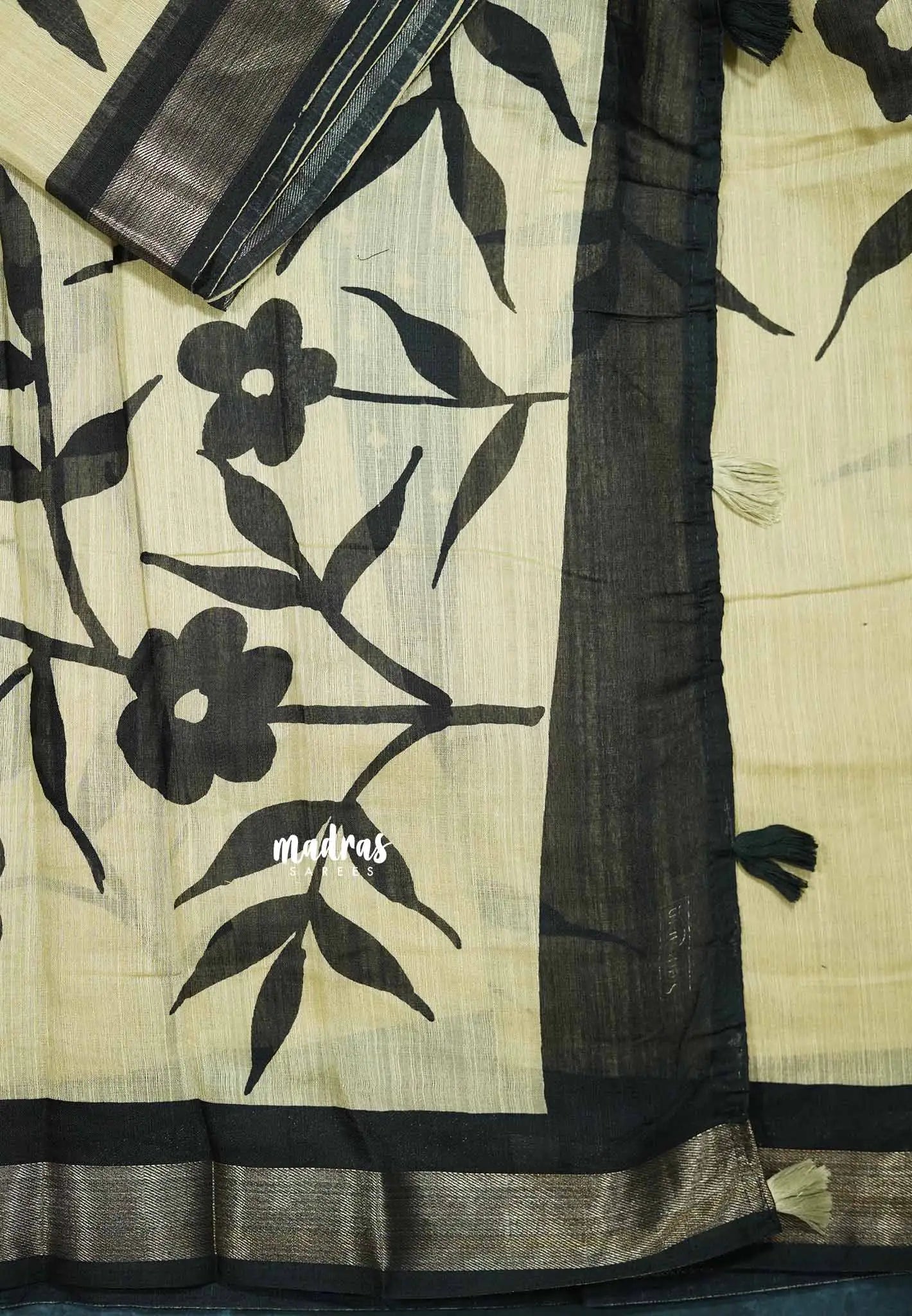 Blended linen cotton Saree chikku and black combo - Design 7