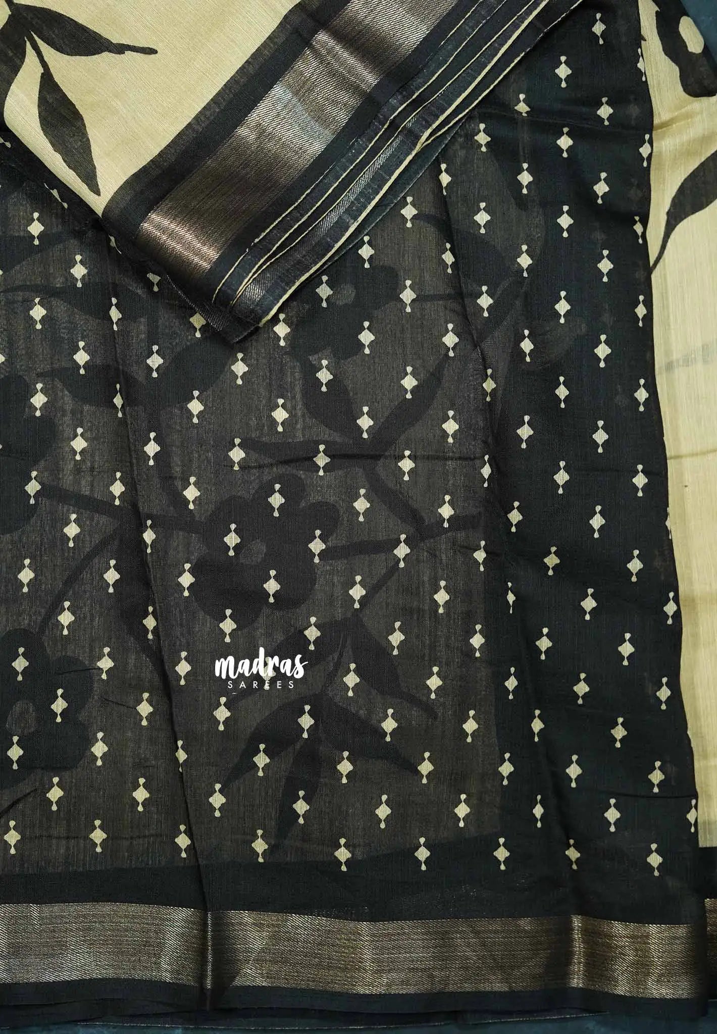 Blended linen cotton Saree chikku and black combo - Design 7
