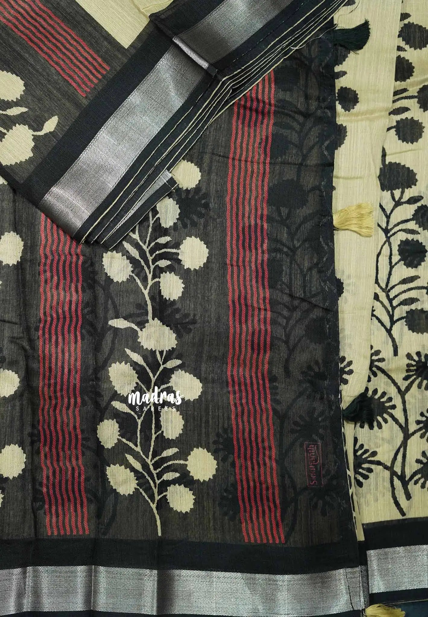 Blended linen cotton Saree chikku and black combo - Design 9