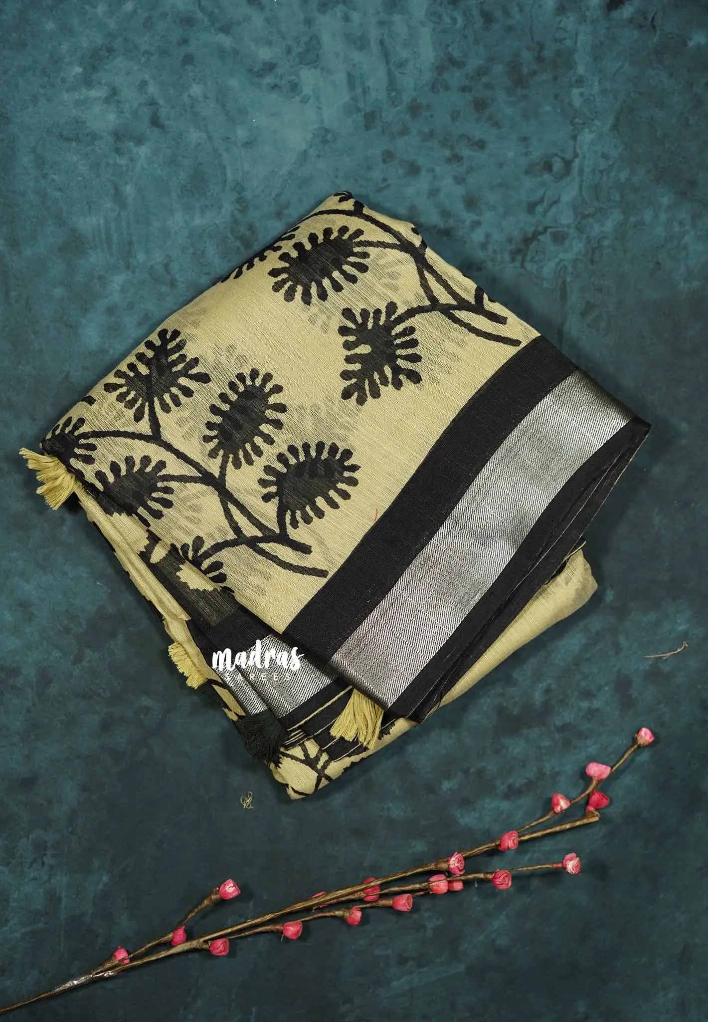 Blended linen cotton Saree chikku and black combo - Design 9