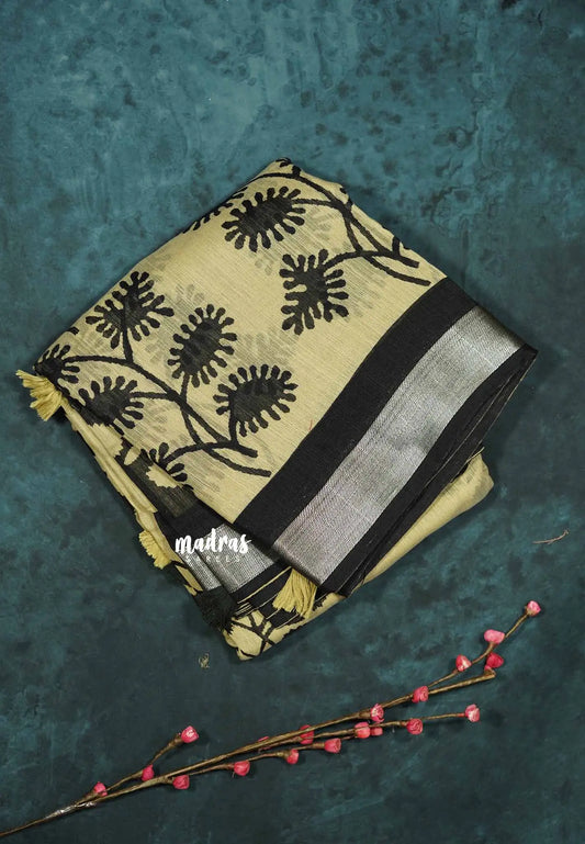 Blended linen cotton Saree chikku and black combo - Design 9