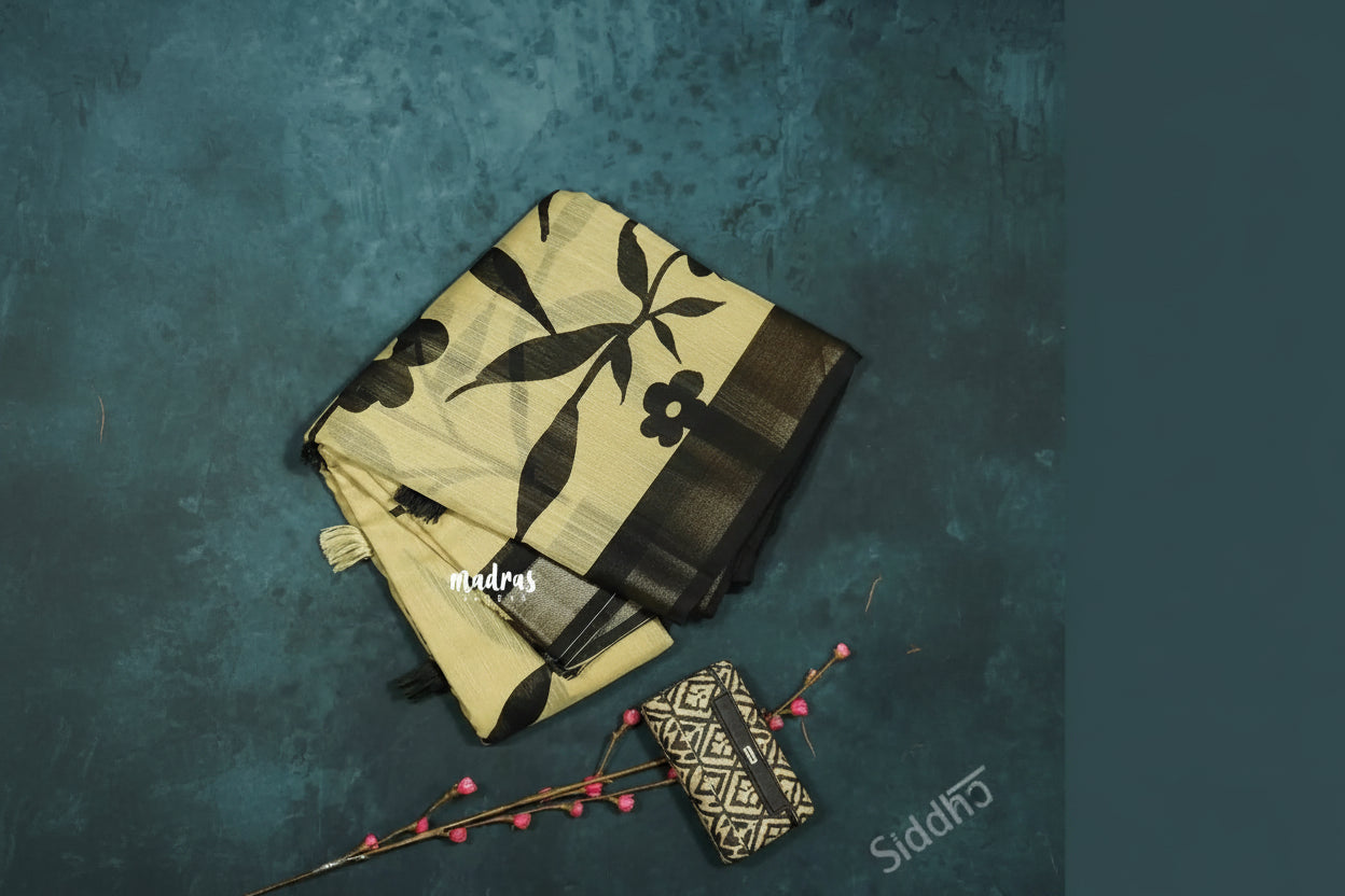 Blended linen cotton Saree chikku and black combo - Design 7
