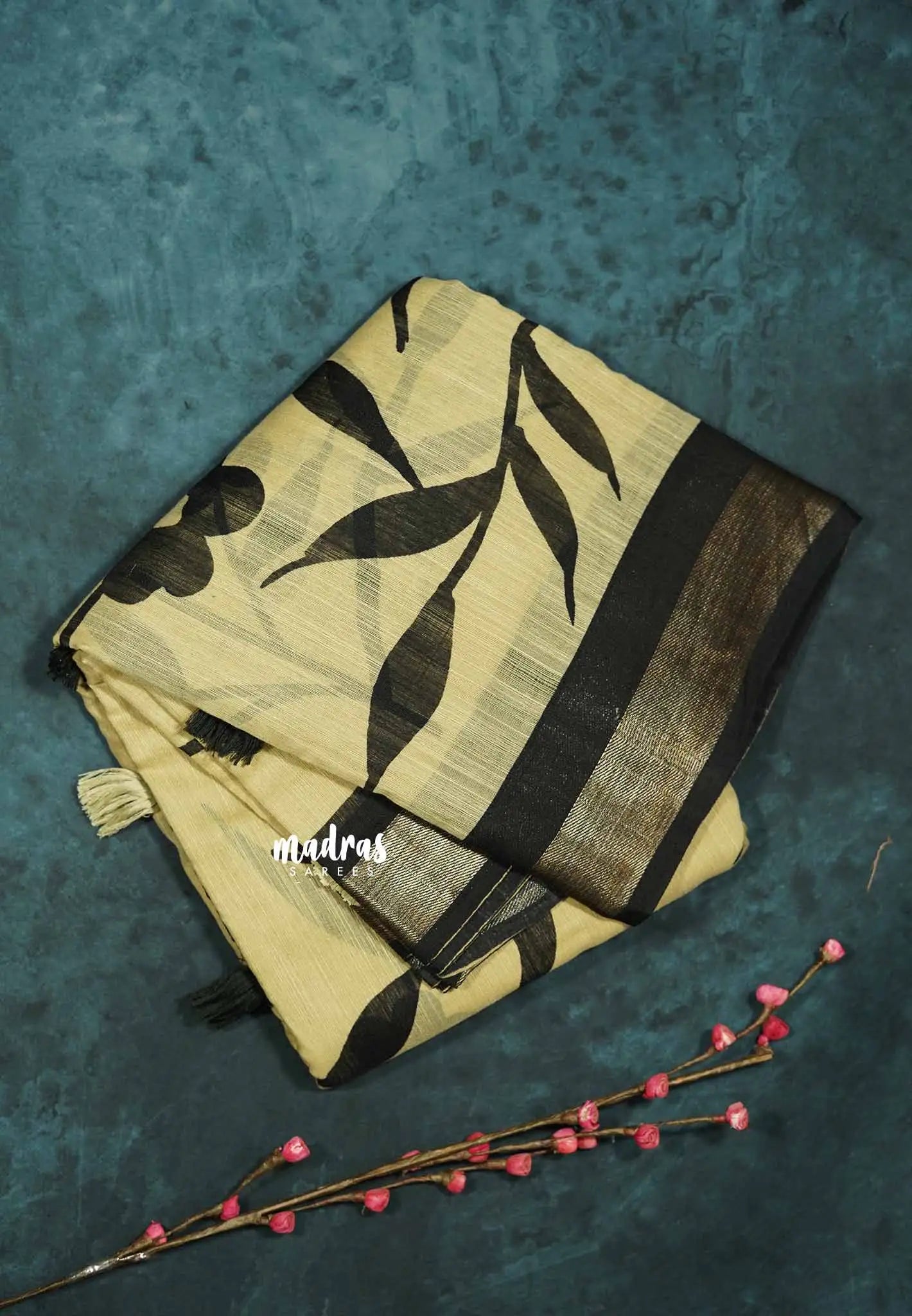Blended linen cotton Saree chikku and black combo - Design 7