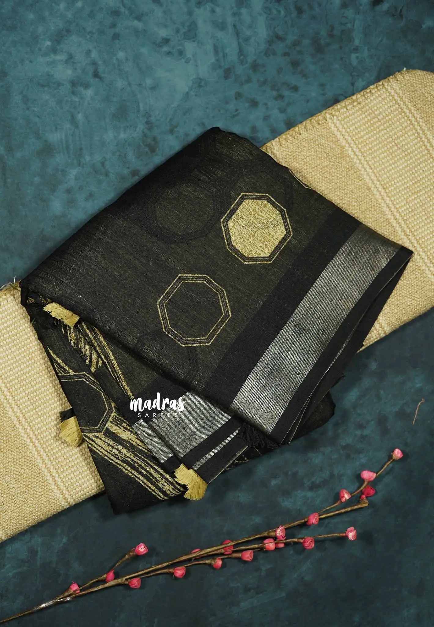 Blended linen cotton Saree chikku and black combo - Design 12